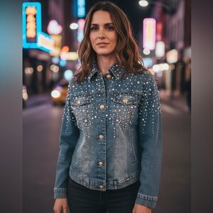 QUACKER FACTORY PEARL & RHINESTONE WESTERN BLUE DENIM JEAN JACKET SHACKET SZ S-L